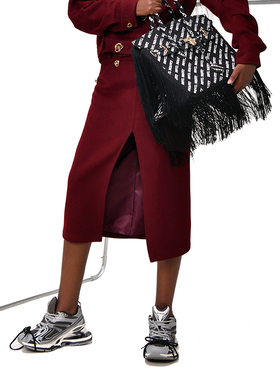 【现货】Devil Beauty高腰前开叉半身裙女中长款红色毛呢A字裙