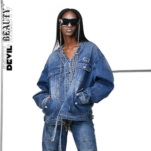 【现货】DevilBeauty新款v领口袋牛仔外套女长袖宽松水洗机车上衣