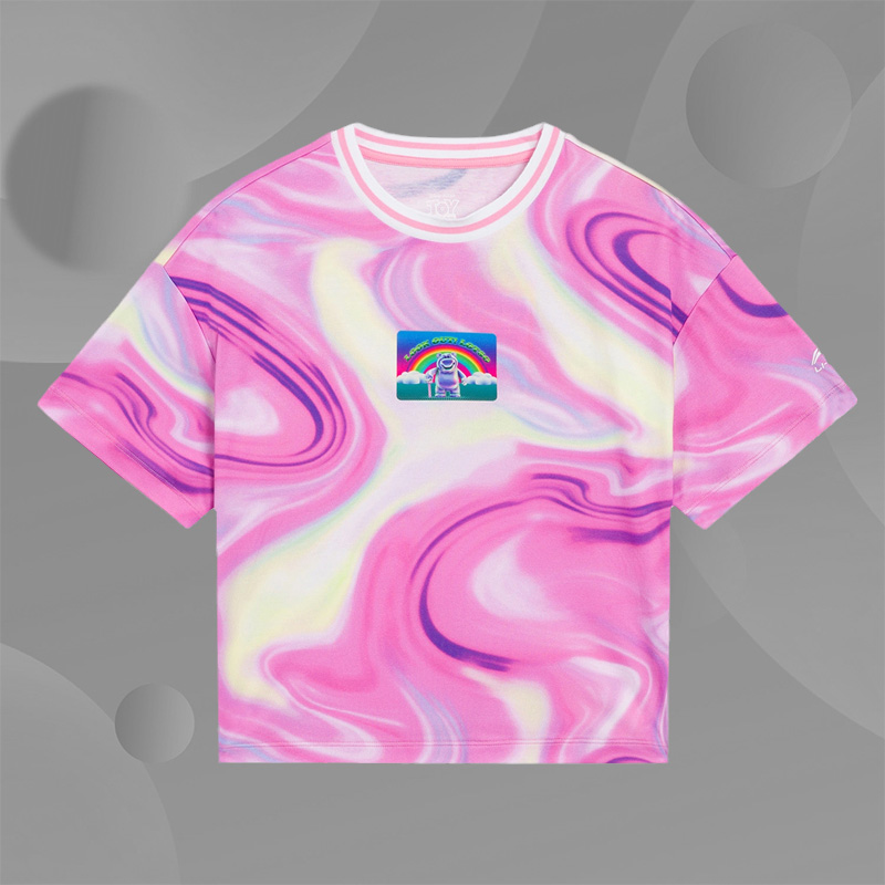 正品李宁童装女大童短袖文化衫宽松圆领印花创意运动T恤YHSS052-1