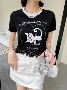 尚品秀清仓复古卡通猫咪印花短袖T恤夏韩版宽松休闲百搭上衣2861