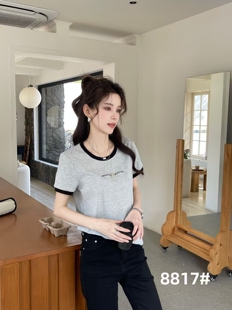 梦奥8516撞色圆领尚品秀8817短袖T恤女夏季新款修身显瘦百搭清仓