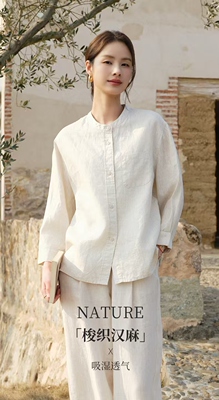 100%汉麻七分袖衬衫女立领宽松文艺老钱风日系夏季开衫透气上8575