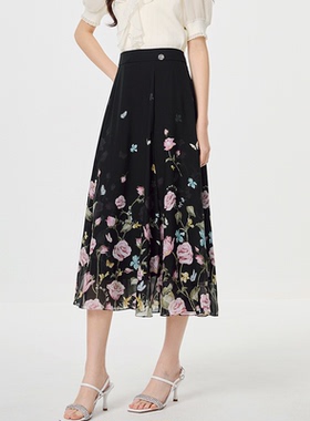 珂家商场同款2025夏季新款女装黑色百搭玫瑰印花半身裙KW03783W0