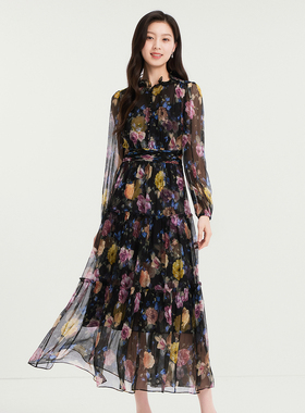 珂家商场同款2025秋季新款优雅桑蚕丝印花长袖连衣裙女KF12566W0