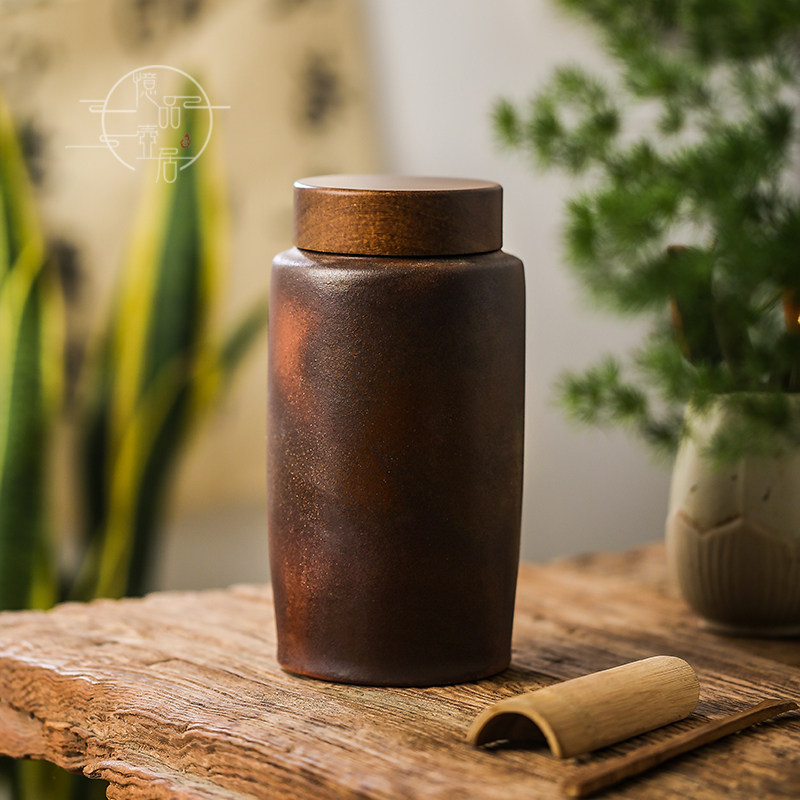 老岩泥纯手拉大号柴烧茶叶罐家用便携密封罐粗陶乌龙普洱绿茶醒茶