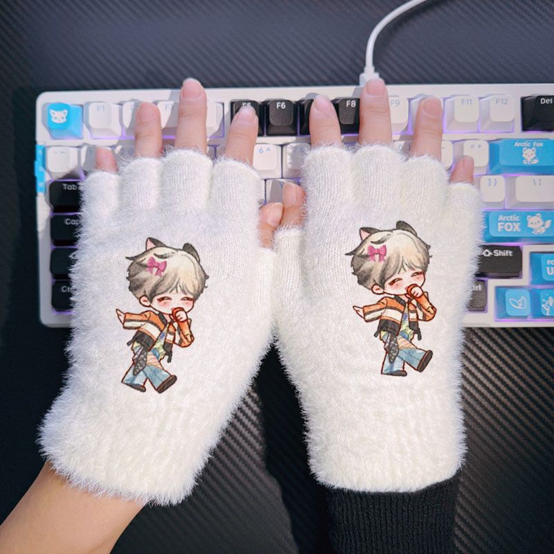 梓渝明星偶像学生毛绒手套卡通保暖防寒冬季女生加厚毛线高颜值学