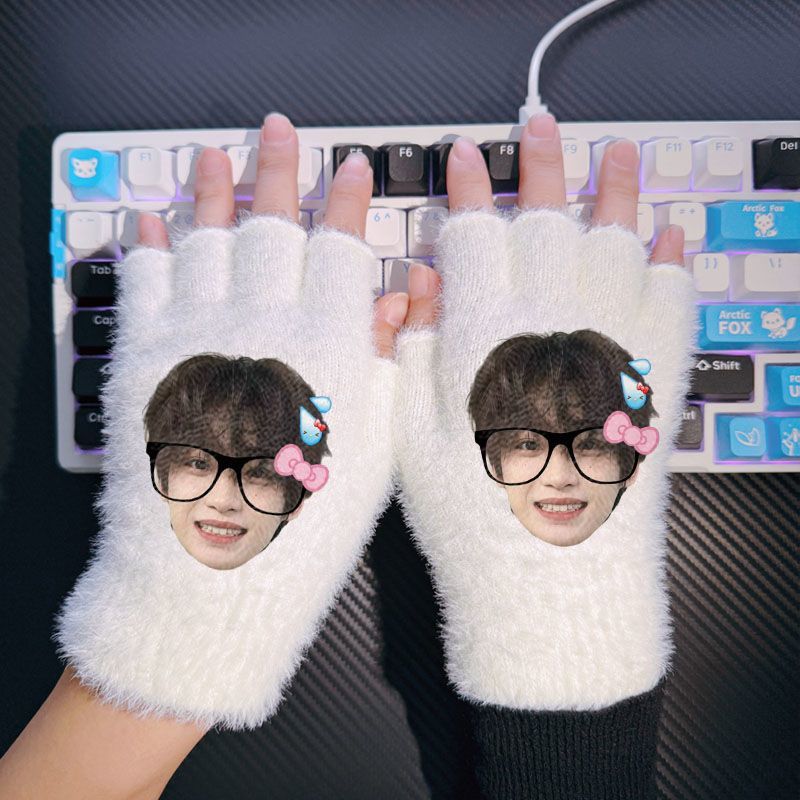 梓渝明星偶像学生毛绒手套卡通保暖防寒冬季女生加厚毛线高颜值学