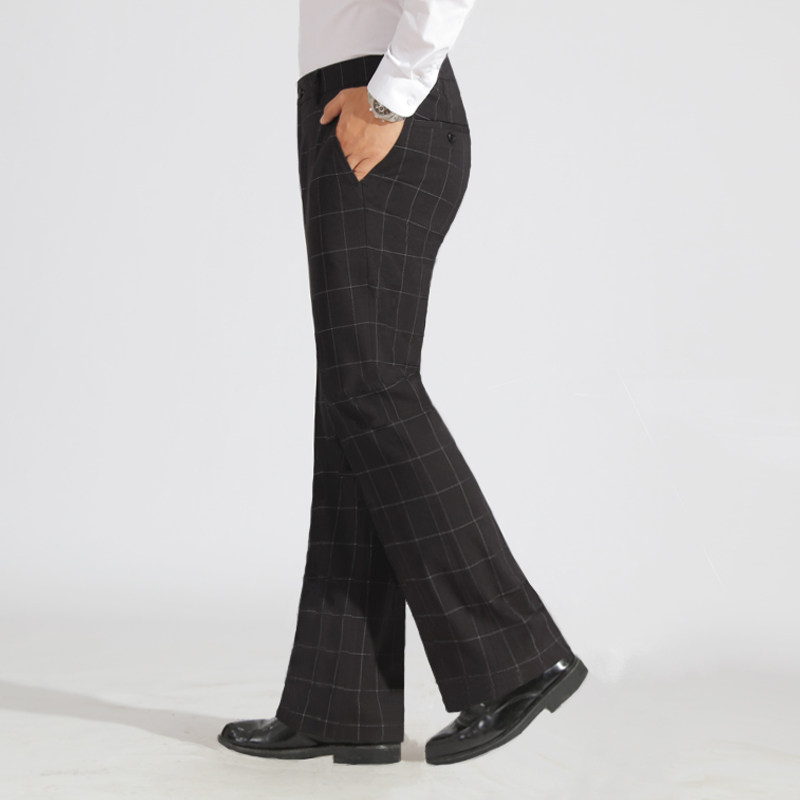 时尚高档格子裤子男垂感休闲阔腿长裤商务格纹弹力微喇叭男装西裤