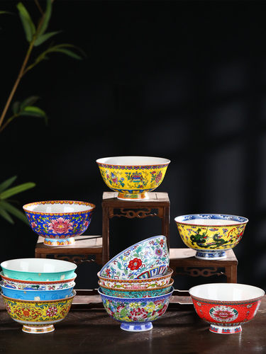 碗家用2022新款景德镇陶瓷碗高脚珐琅彩饭碗中式碗碟套装骨瓷寿碗