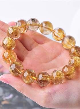 天然金发晶水晶手链女巴西钛晶黄色招财转运珠子耐磨金发丝手串男