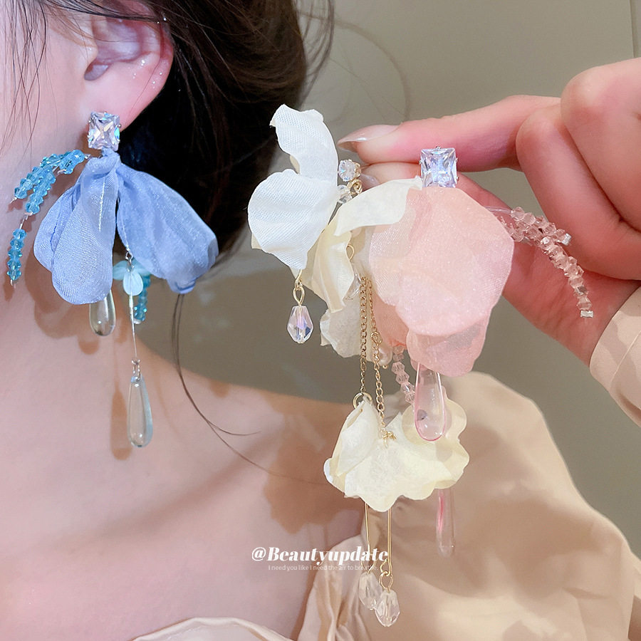 银针锆石水晶花朵耳钉夏日海边度假风耳环超仙绝美拍照氛围感耳饰