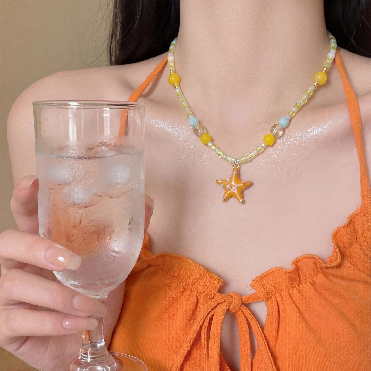 夏日多巴胺橘子海星ins串珠项链甜美清新锁骨新款海边度假颈链女