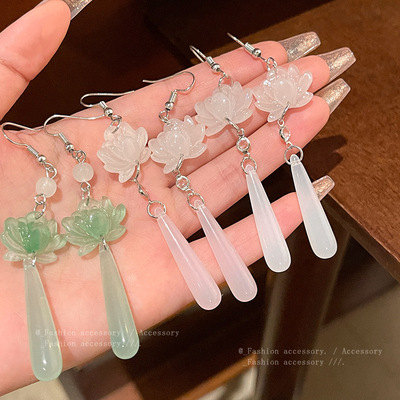 新中式中古风仿玉髓莲花耳钉女ins潮百搭气质长款流苏耳环耳饰品