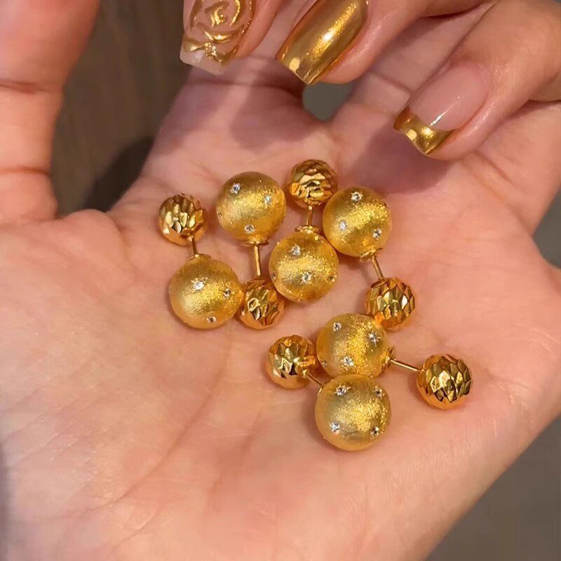 中古风拉丝小金球耳钉女轻奢小众高级设计感双戴镶钻耳环耳饰批发