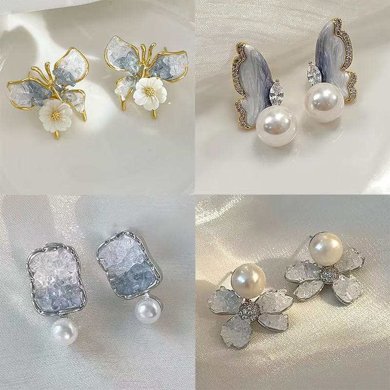 银针渐变蓝色水晶花朵耳钉精致轻奢百搭耳环小众时尚高级感耳饰女