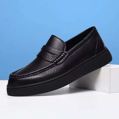 广州休闲皮鞋男2025新款真皮厚底豆豆鞋百搭一脚蹬简约软底牛皮鞋