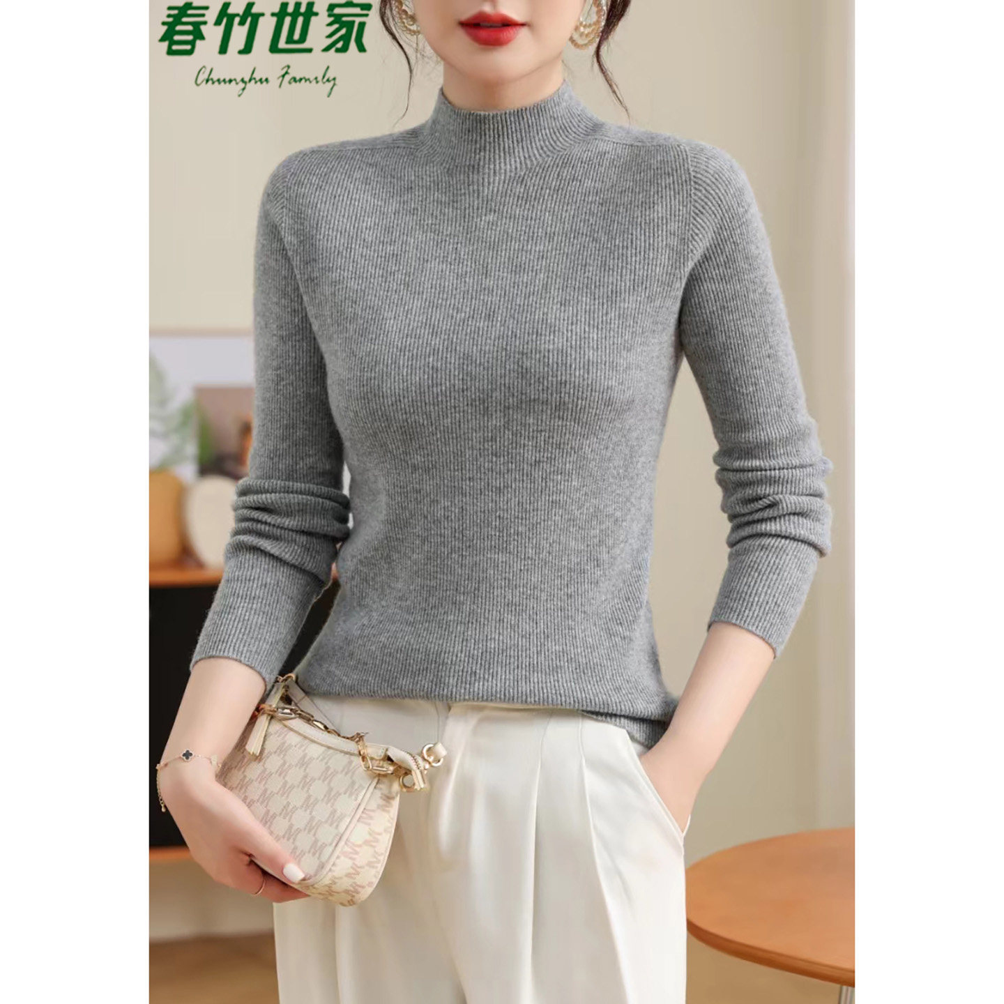 春竹半高领羊绒衫新款100%山羊绒百搭宽松针织毛衣女上衣本命年红