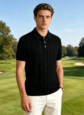 BC老钱风高尔夫轻奢翻领条纹短袖针织POLO衫男黑色百搭潮男穿搭