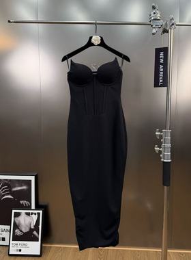 黑色吊带西装料连衣裙女长款束身抹胸带垫裙性感修身显瘦包臀裙子