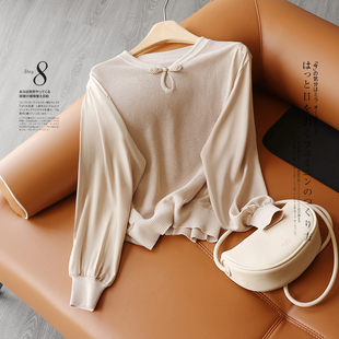 心水美物 温婉轻淑 中国风盘口蝴蝶结 缎料灯笼袖拼接套头针织衫