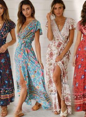 连衣裙简洁性感8印花款系带度假 跨境亚马逊大摆女装热销休闲