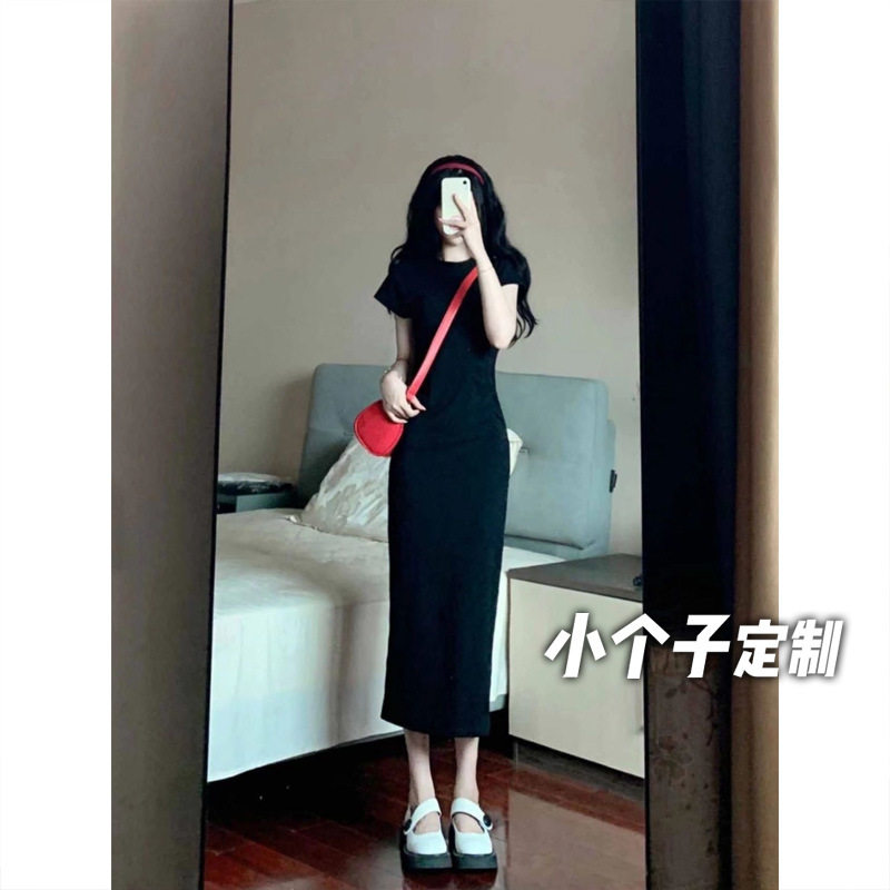 145小矮个子纯欲连衣裙女收腰包臀修身显高短袖T恤气质长裙夏季xs