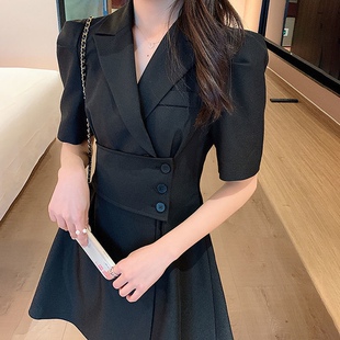裙夏纯色通勤法式气质连衣裙女2022新款韩版收腰小个子短袖西装
