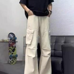 新宽松直筒加绒阔腿伐木裤 美式 男秋冬季 复古米白色降落伞兵工装 裤