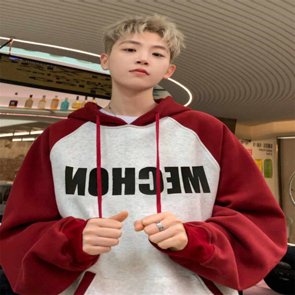 美式复古酒红拼色卫衣男秋冬季国潮牌高街情侣款连帽外套