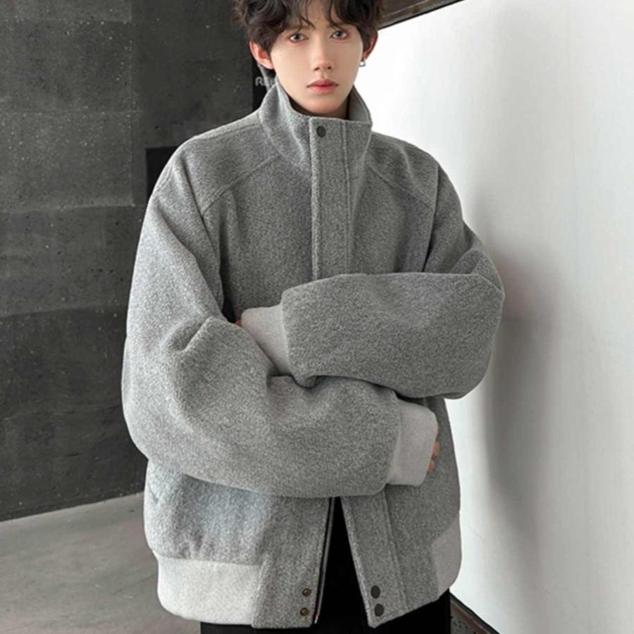 青少年灰色立领毛呢外套秋冬痞帅呢子大衣短款韩系廓形西装夹克潮