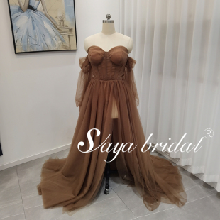 开叉深咖网纱连衣裙外单性感纱袖 名媛小拖尾高级感抹胸晚礼服网纱