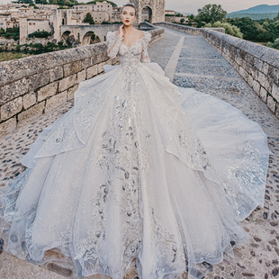 新品婚纱奢华JK大拖尾闪烁重工晚宴长拖尾新娘进场婚纱礼服