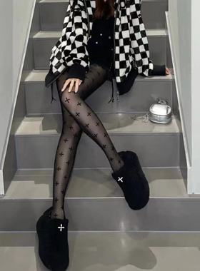 现货 SMF*暗夜花园植绒十字架丝袜黑色透肉性感连裤袜 女