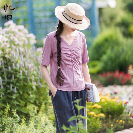 【现货】忆旧棉麻短袖t恤女2021新款夏短款紫色上衣女宽松针织T恤