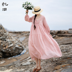 现货【珊瑚海】V领拼接连衣裙女夏薄款2025新款苎麻长裙宽松a字裙