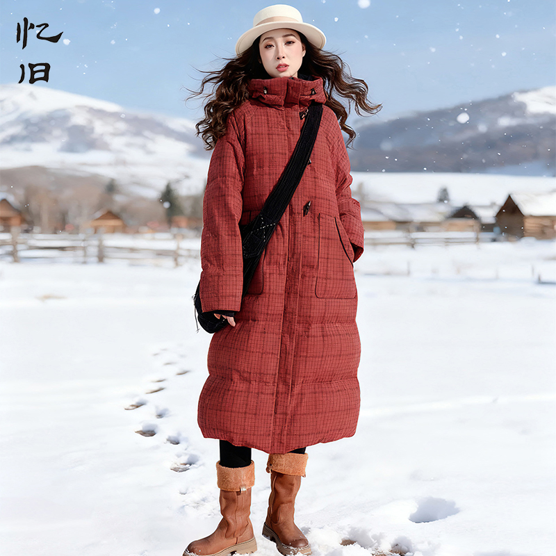 红格子连帽羽绒服女冬季加厚外套
