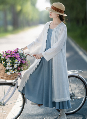现货【白色恋歌】圆领针织流苏开衫长衫女春蕾丝花边白色毛衣外套
