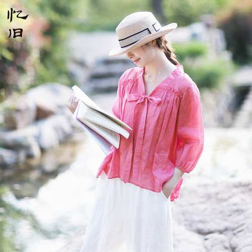 苎麻小衫灯笼袖衬衫女夏季防晒衫