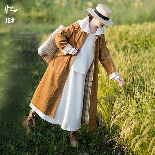 复古双面格纹灯芯绒风衣外套女