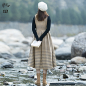 时光缓缓 冬季 休闲V领方格子背带裙女无袖 高腰修身 毛呢中长裙
