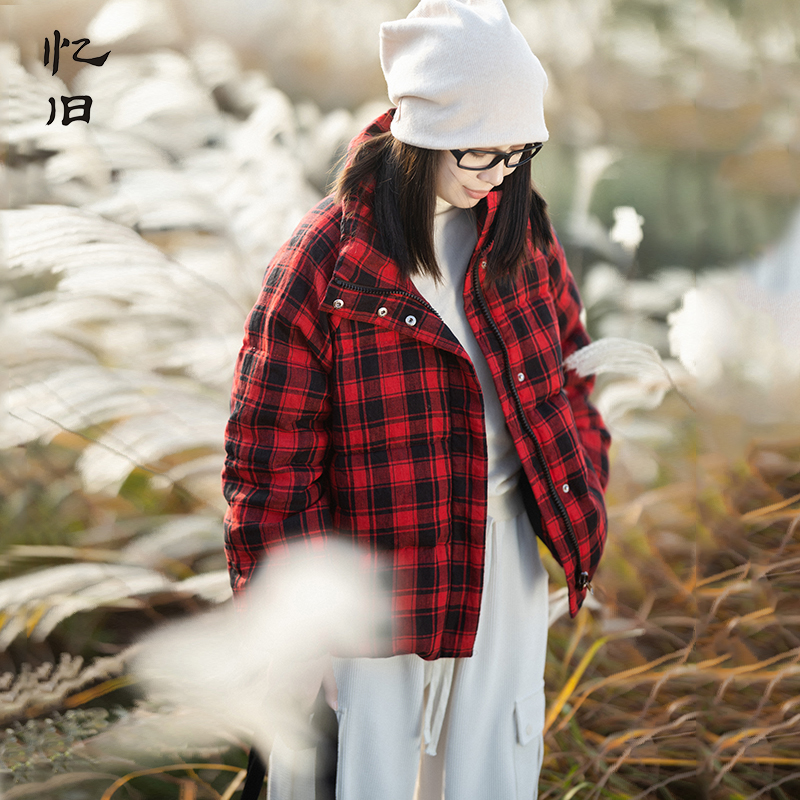 黑红格色织亚麻羽绒服女冬季