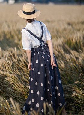 现货【守望麦田】亚麻波点印花背带半身裙白色苎麻衬衫女夏两件套