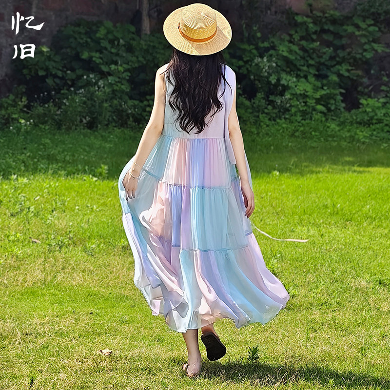 夏季多色拼接无袖印花裙女宽松裙
