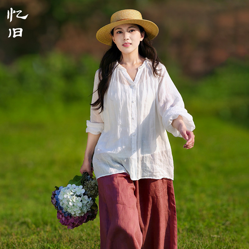 文艺白色苎麻衬衫女夏季长袖衬衣