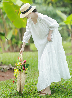 【春盛茶白】文艺白色苎麻连衣裙女2026春夏季V领宽松荷叶边长裙