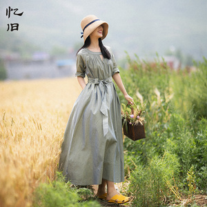 【六折出清】纯棉连衣裙女夏2022新款文艺休闲裙子系带大摆裙长裙