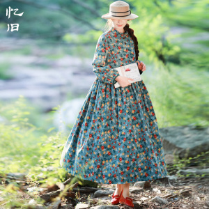 【现货】灯芯绒碎花连衣裙女早秋新款宽松文艺长裙气质灯笼袖裙子