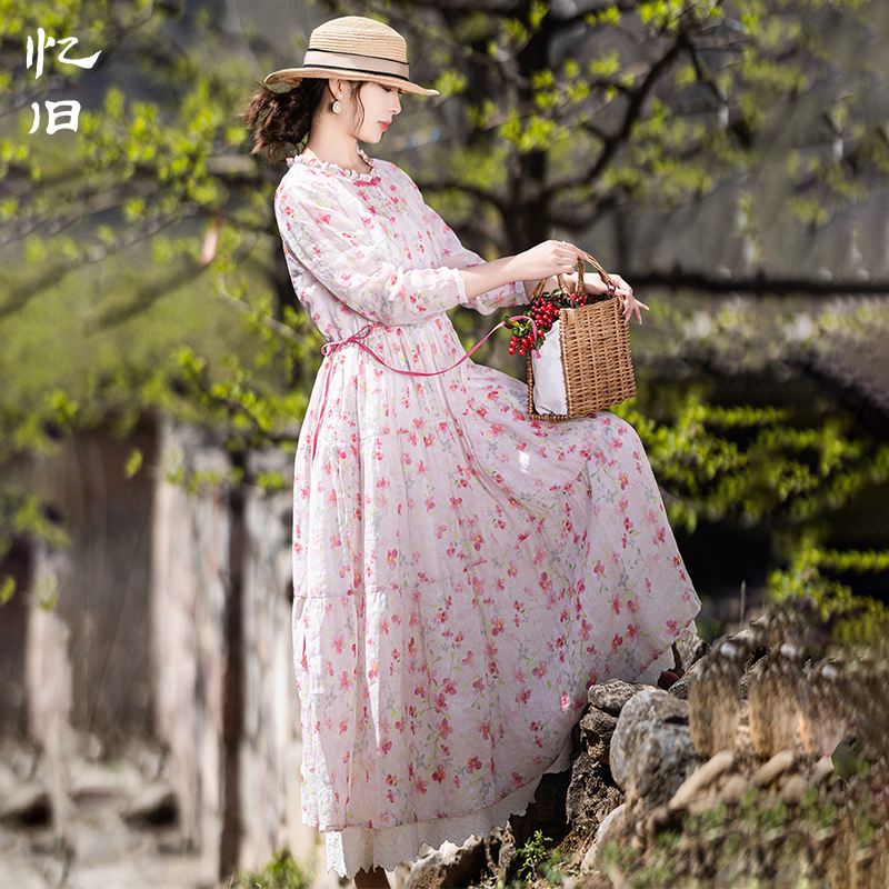 【桃花物语】复古苎麻印花连衣裙长裙女2023夏季收腰木耳边大摆裙