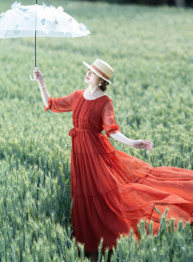 清【五月拾光】夏季圆领木耳边连衣裙女薄七分袖收腰拼接红色长裙