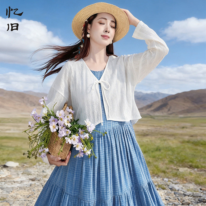 V领系带针织衫女春季白色短开衫